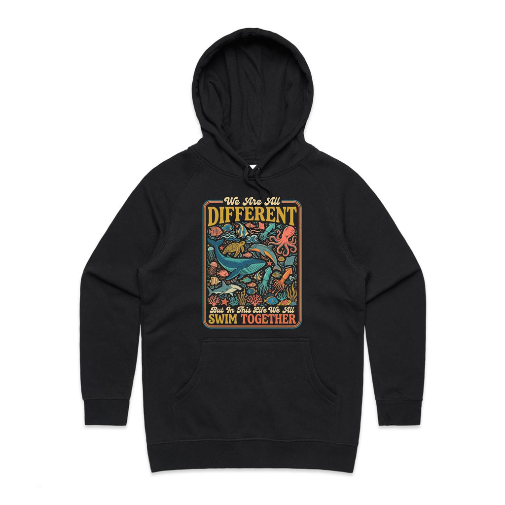 We Are All Different, But We All Swim Together Women's AS Colour Hoodie Black Womens Hoodie animal Ocean Positivity Printed In Australia