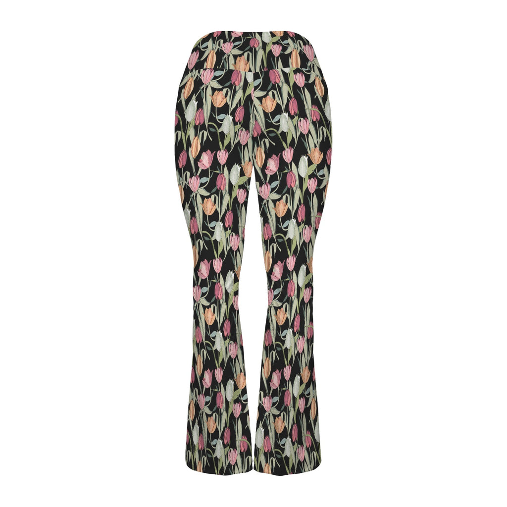 Tulips High Waist Crossover Tummy Control Flare Leggings High Waist Flare Leggings Plants Printed Offshore