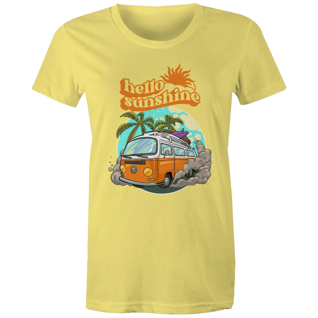 Hello Sunshine, Beach Van - Womens T-shirt Yellow Womens T-shirt Printed In Australia Summer Surf
