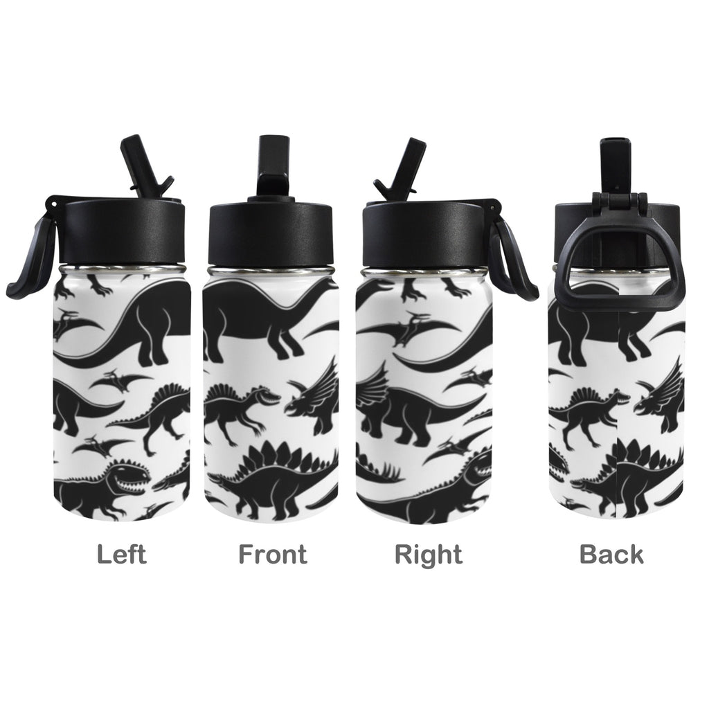 Black And White Dinosaurs 12oz Kids Water Bottle with Straw Lid