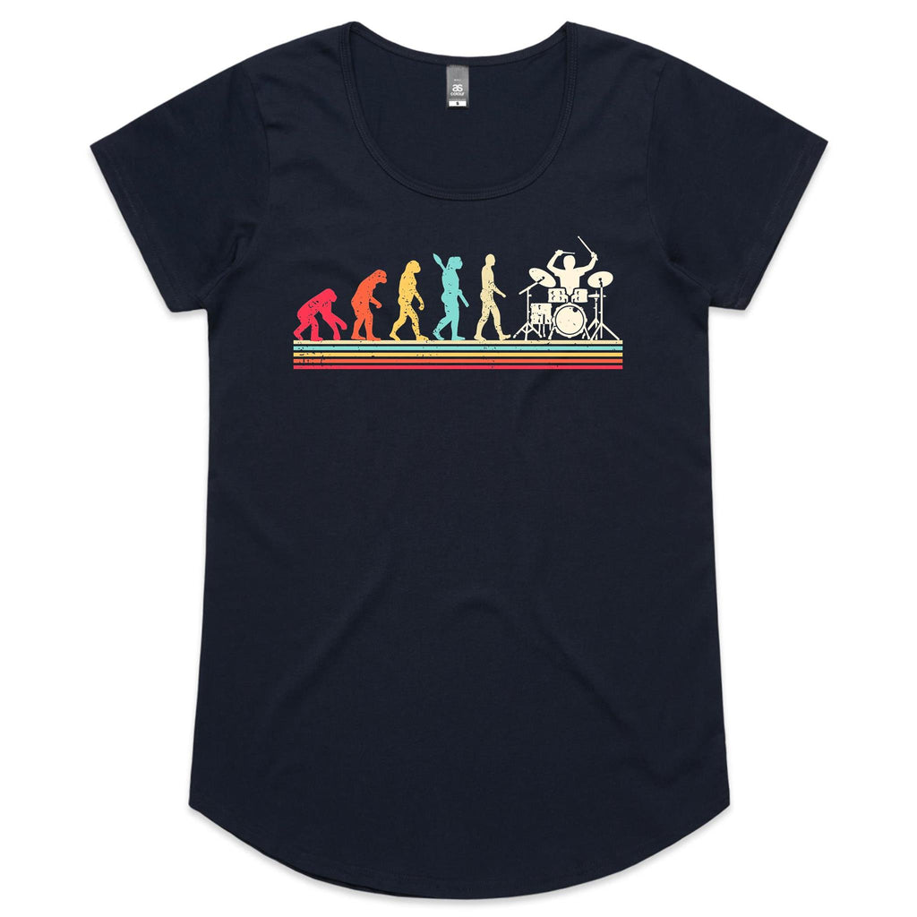 Drummer Evolution - Womens Scoop Neck T-Shirt Navy Womens Scoop Neck T-shirt Music Printed In Australia