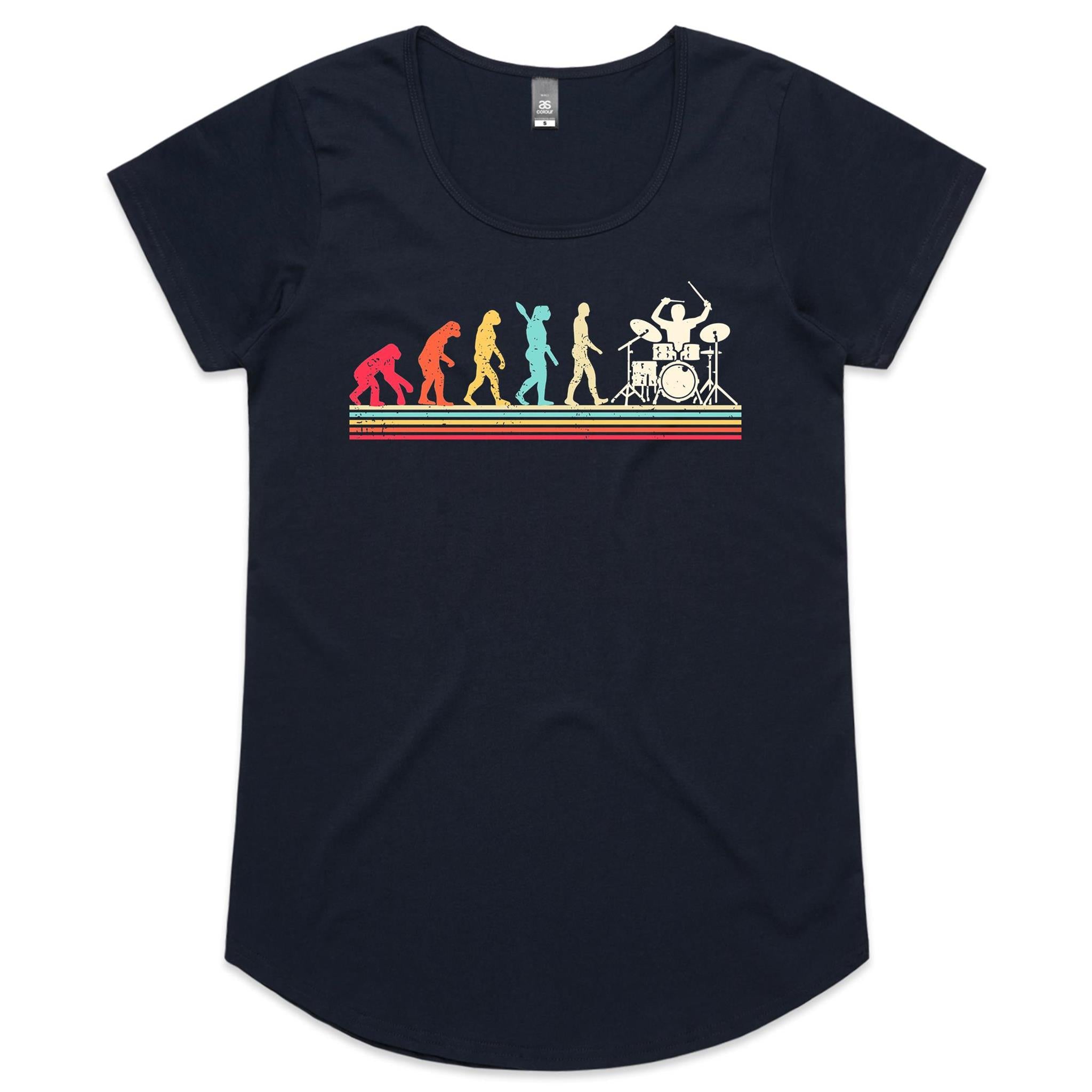 Drummer Evolution - Womens Scoop Neck T-Shirt Navy Womens Scoop Neck T-shirt Music Printed In Australia