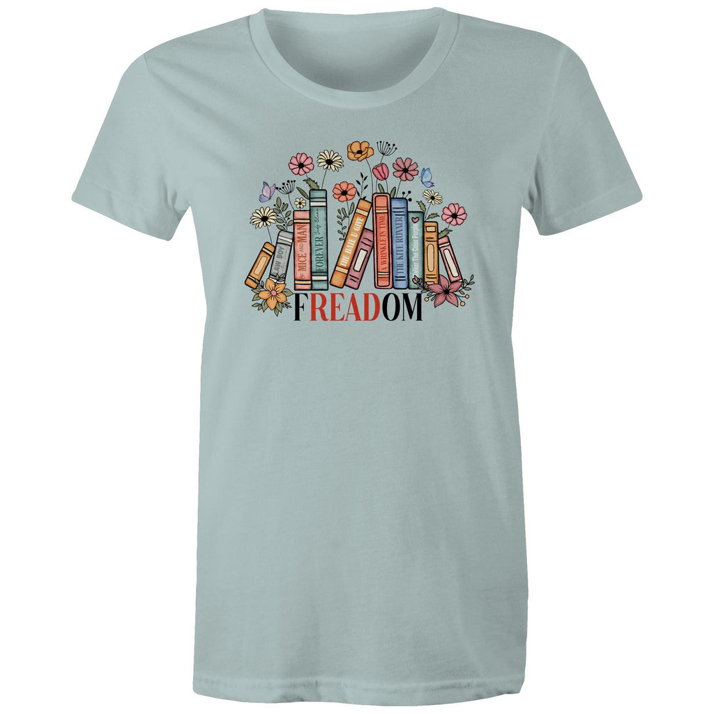 Freedom, Reading Books - Womens T-shirt Pale Blue Womens T-shirt Printed In Australia Reading