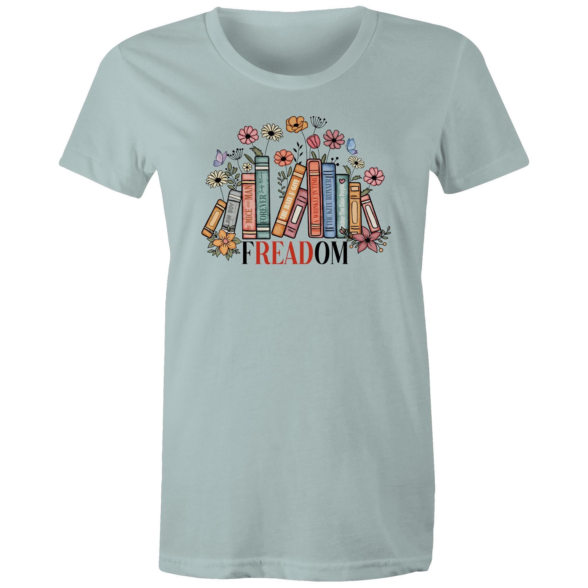 Freedom, Reading Books - Womens T-shirt Pale Blue Womens T-shirt Printed In Australia Reading
