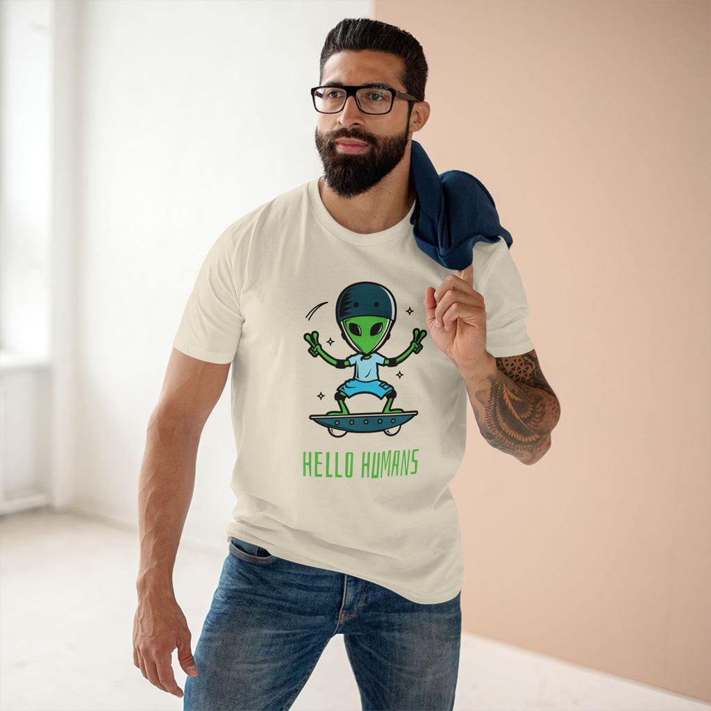 Hello Humans, Alien Skateboard - Men's Staple Tee Natural Mens Premium T-Shirt Printed in AU and US Sci Fi