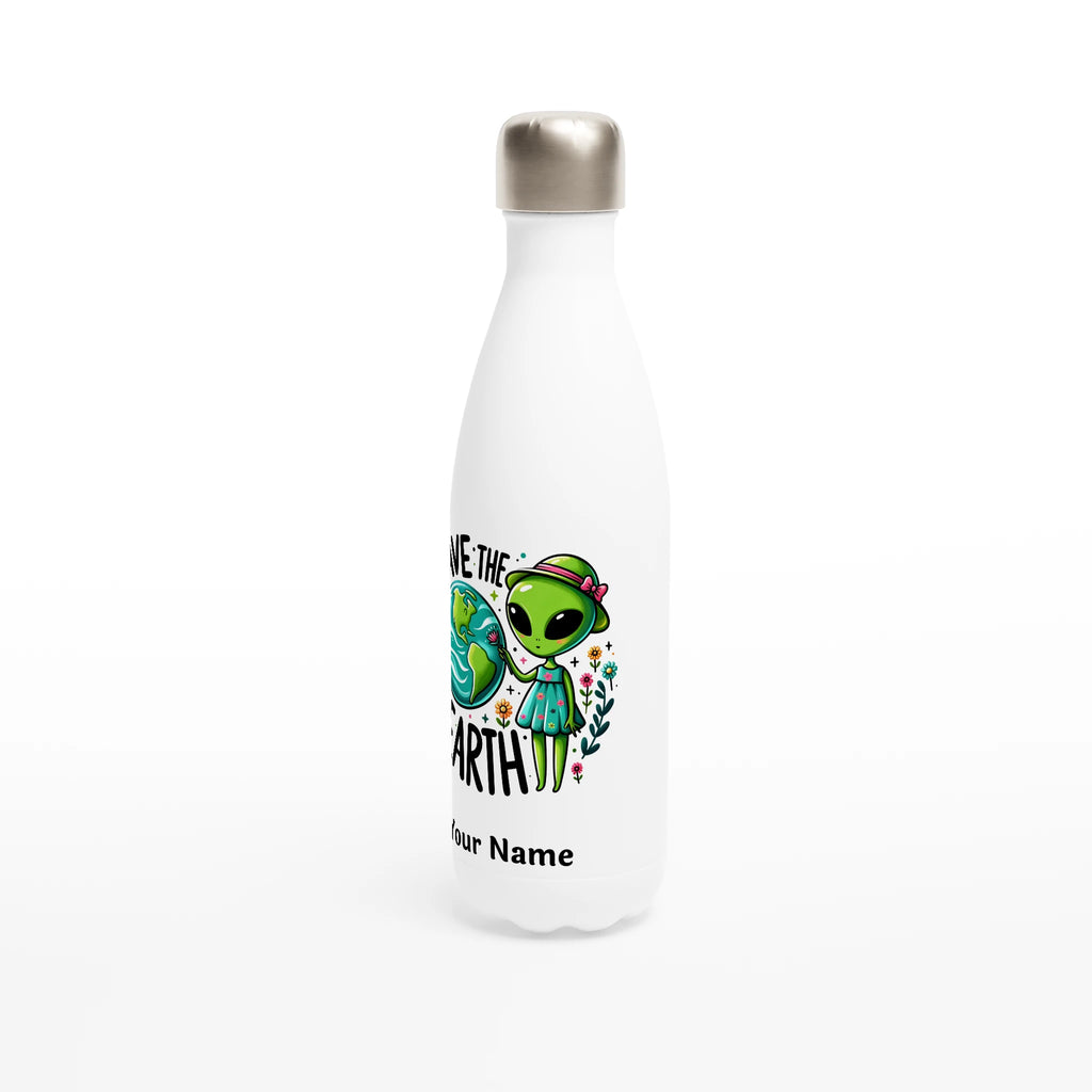 Personalised - Save The Earth, Alien - White 17oz Stainless Steel Water Bottle Personalised Water Bottle customise Environment Globally Fulfilled personalise Sci Fi