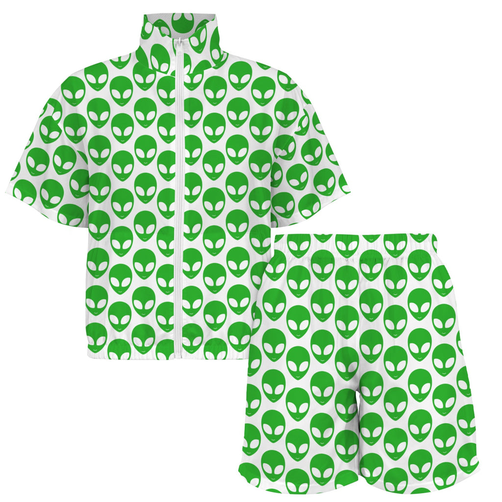Aliens On White Women's Windbreaker Short Set Women's Windbreaker Short Set Printed Offshore Sci Fi
