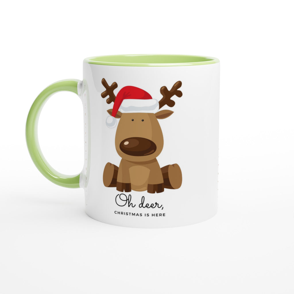 Oh Deer, Christmas Is Here - White 11oz Ceramic Mug with Colour Inside Ceramic Green Christmas Colour Mug Christmas Globally Fulfilled
