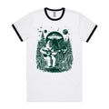 Alien And Bigfoot Playing Guitar - Staple Ringer Tee White Black Ringer T-Shirt Music Printed In Australia Sci Fi