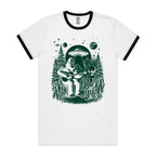 Alien And Bigfoot Playing Guitar - Staple Ringer Tee White Black Ringer T-Shirt Music Printed In Australia Sci Fi