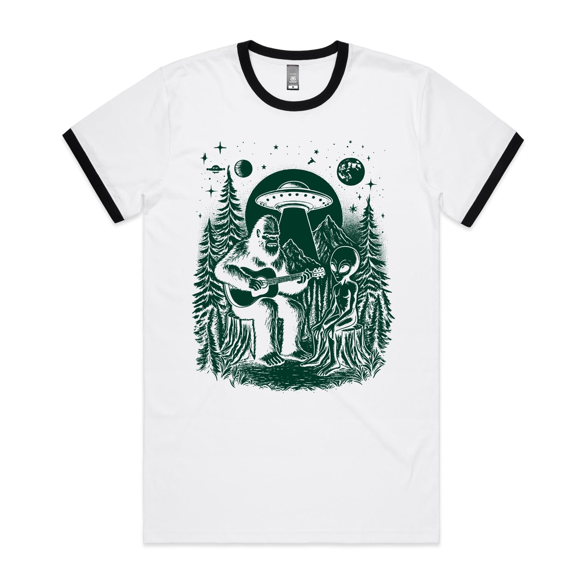 Alien And Bigfoot Playing Guitar - Staple Ringer Tee White Black Ringer T-Shirt Music Printed In Australia Sci Fi