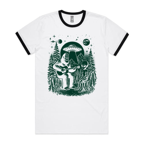 Alien And Bigfoot Playing Guitar - Staple Ringer Tee White Black Ringer T-Shirt Music Printed In Australia Sci Fi