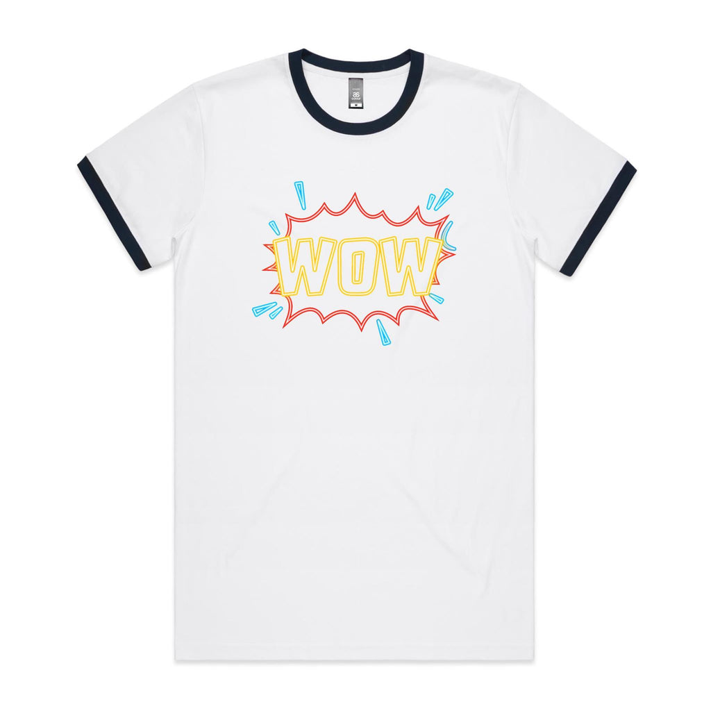 Wow - Staple Ringer Tee White Navy Ringer T-Shirt comic Printed In Australia
