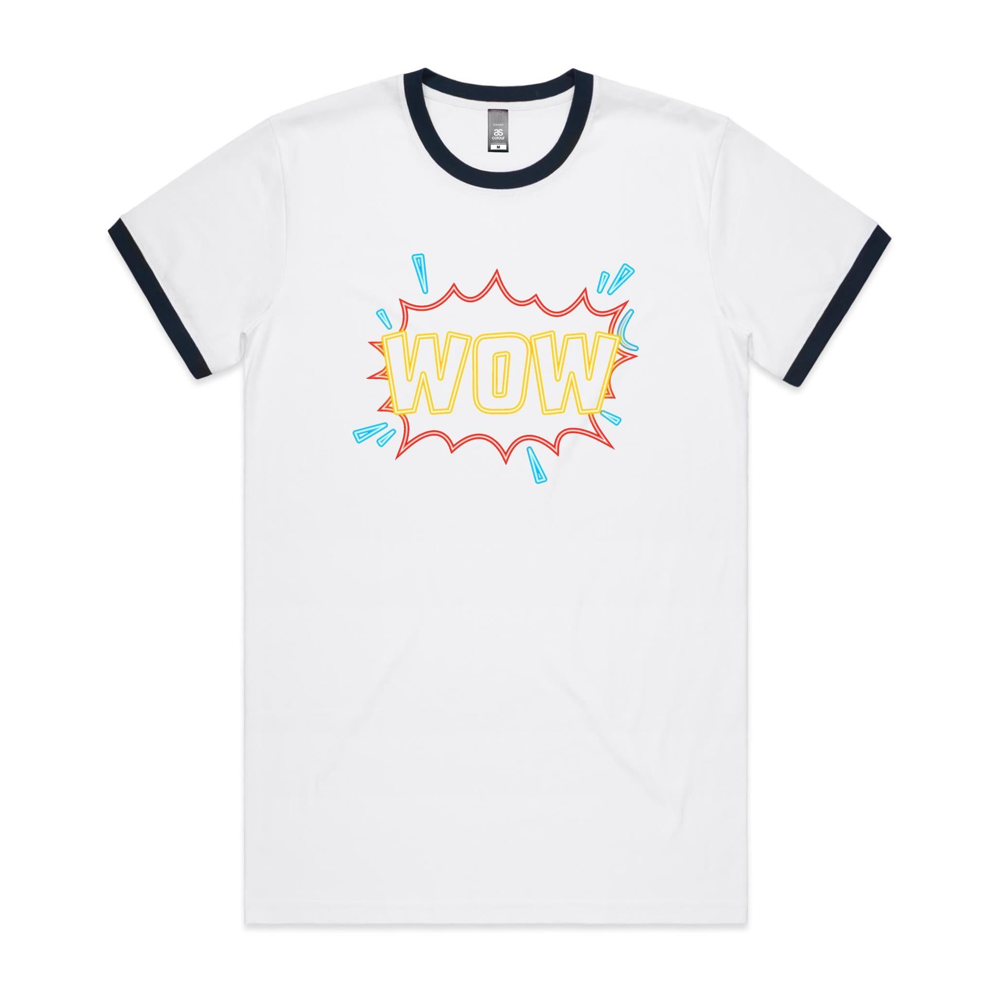 Wow - Staple Ringer Tee White Navy Ringer T-Shirt comic Printed In Australia
