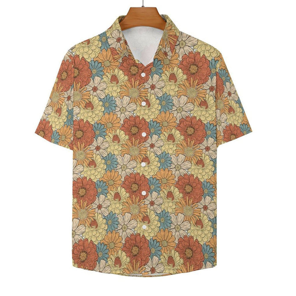 Vintage Retro Floral Women's Collared Pocketless Short Sleeve Shirt