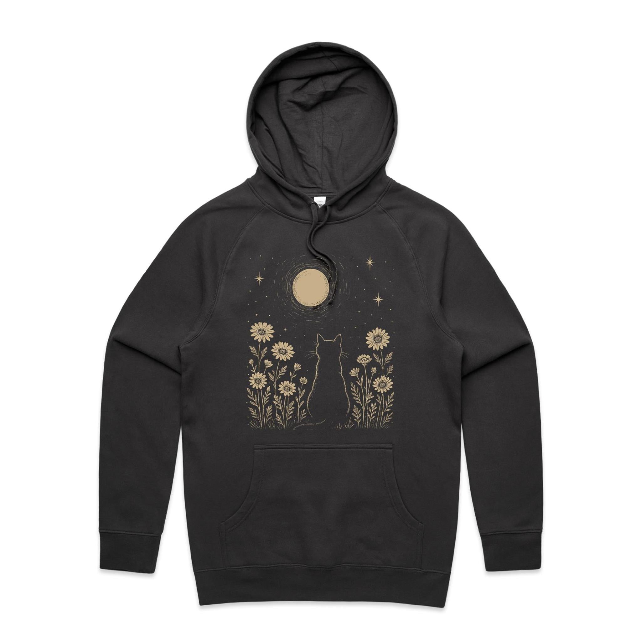 Whimsical Cat And Moon Men's AS Colour Hoodie Coal Mens Hoodie animal Printed In Australia