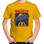 I Want To Believe, Alien UFO - Kids Youth T-Shirt Gold Kids Youth T-shirt Printed In Australia Sci Fi