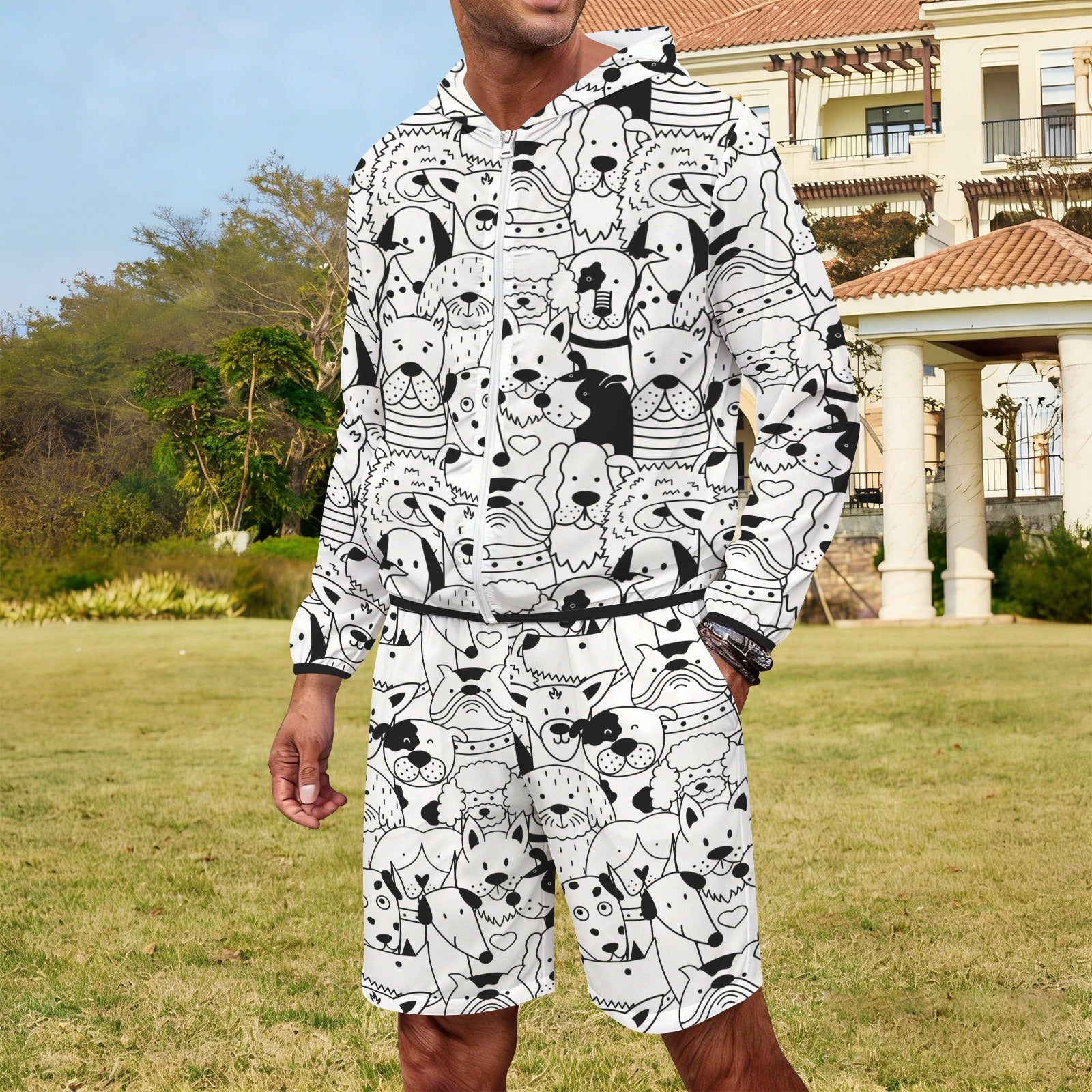 Black And White Dogs Men's Lightweight Sun Hoodie & Shorts Set Men's Lightweight Sun Hoodie & Shorts animal Printed Offshore