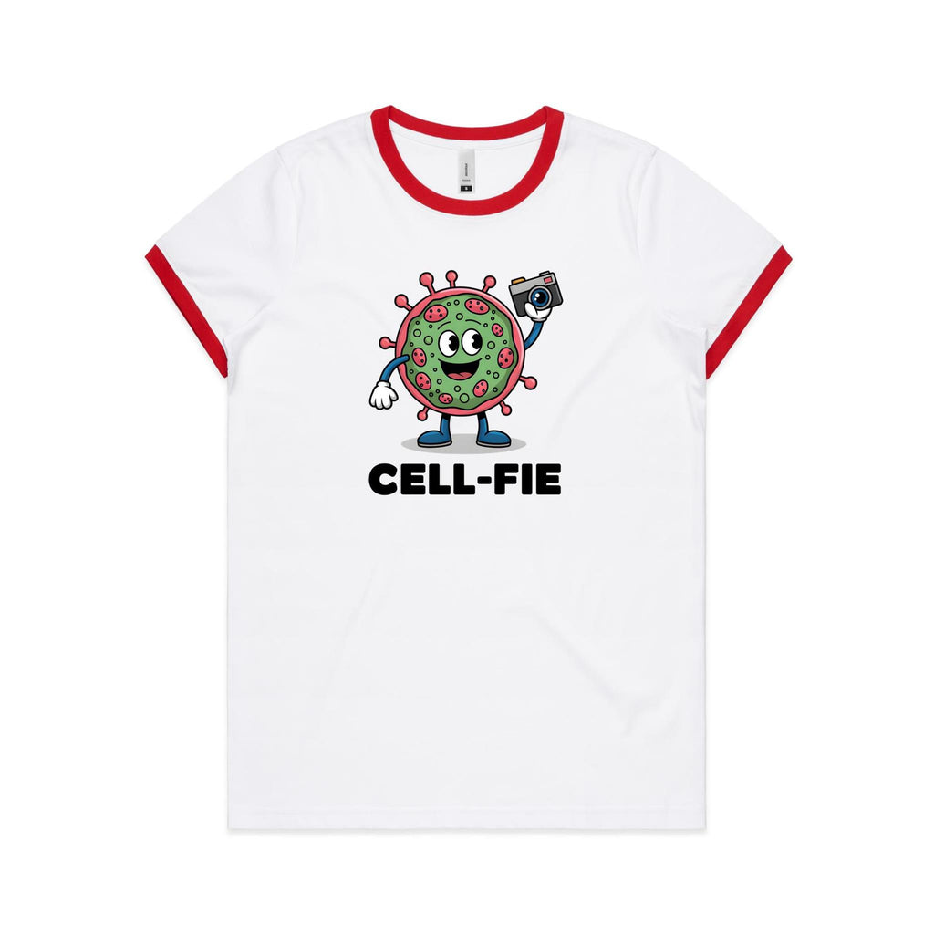 Cell-fie Cell Selfie AS Colour Women's Ringer Tee White Red Womens Ringer T-shirt Printed In Australia Science