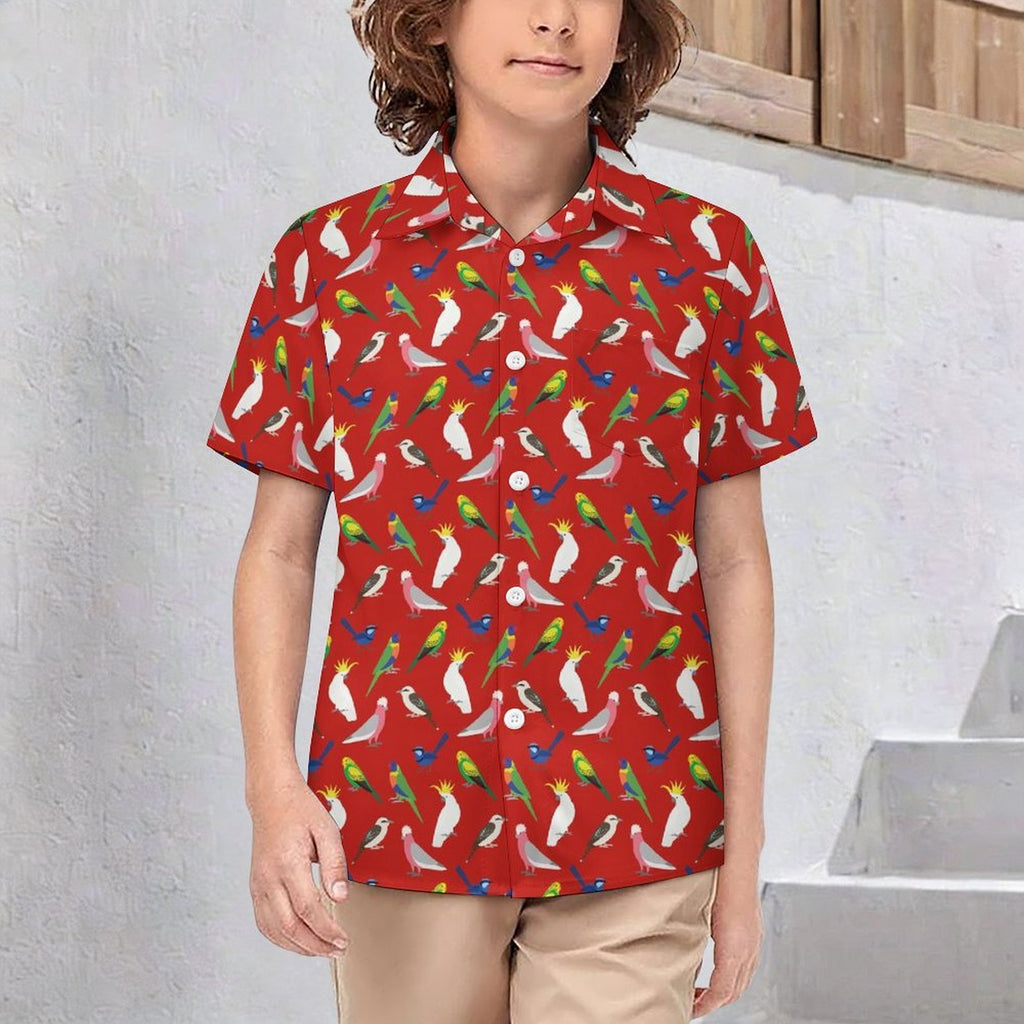 Australian Birds On Red Kids Youth Short Sleeve Button Up Shirt