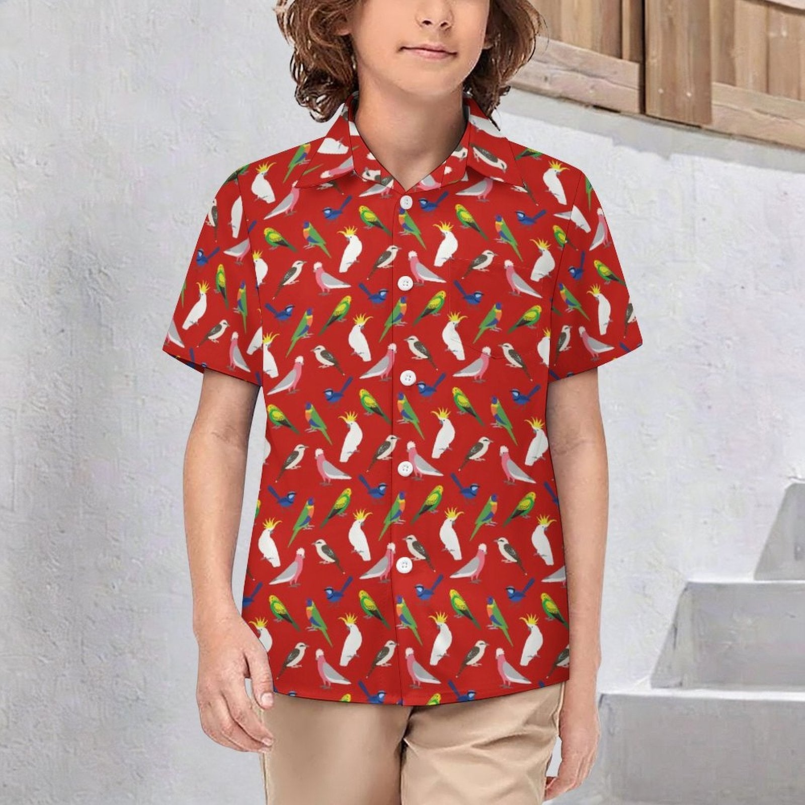 Australian Birds On Red Kids Youth Short Sleeve Button Up Shirt
