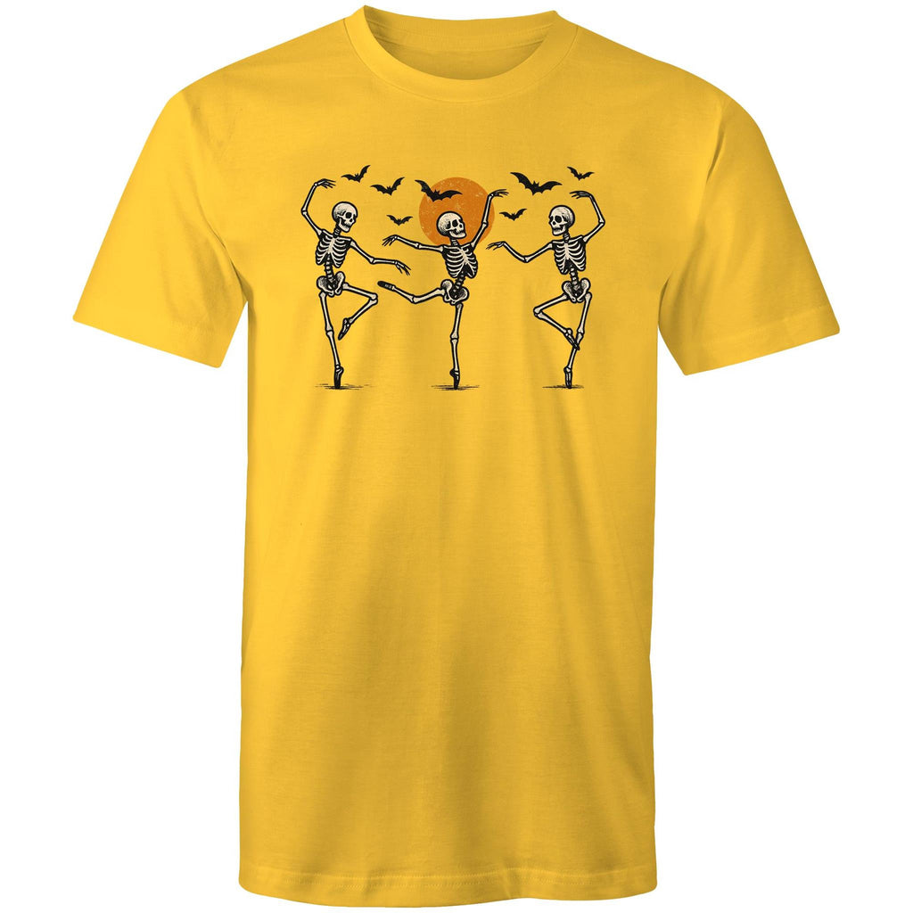 Skeleton Dance, Halloween - Mens T-Shirt Yellow Mens T-shirt Halloween Printed In Australia