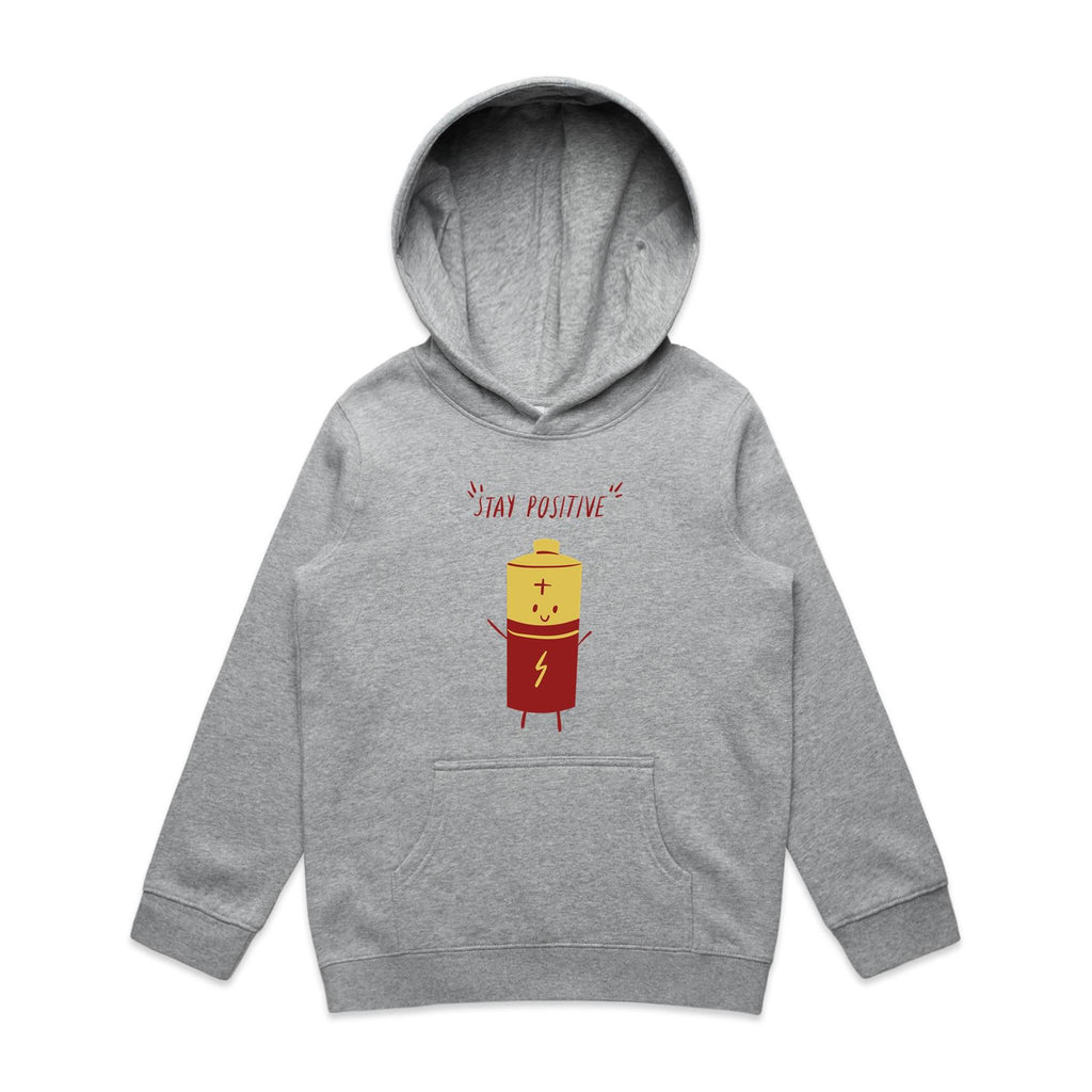 Stay Positive, Battery - Kids Hoodie Grey Marle Kids Hoodie Printed In Australia