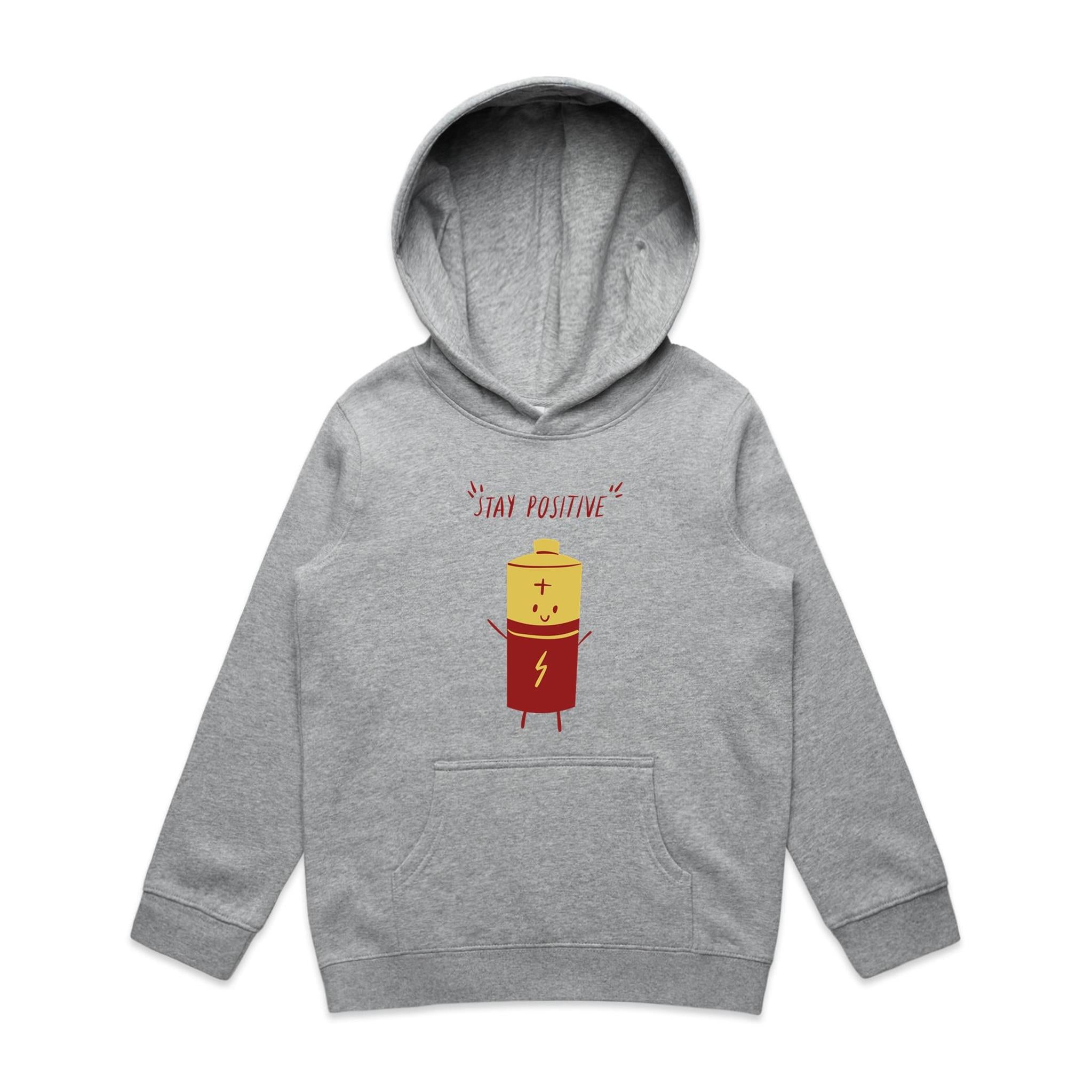 Stay Positive, Battery - Kids Hoodie Grey Marle Kids Hoodie Printed In Australia