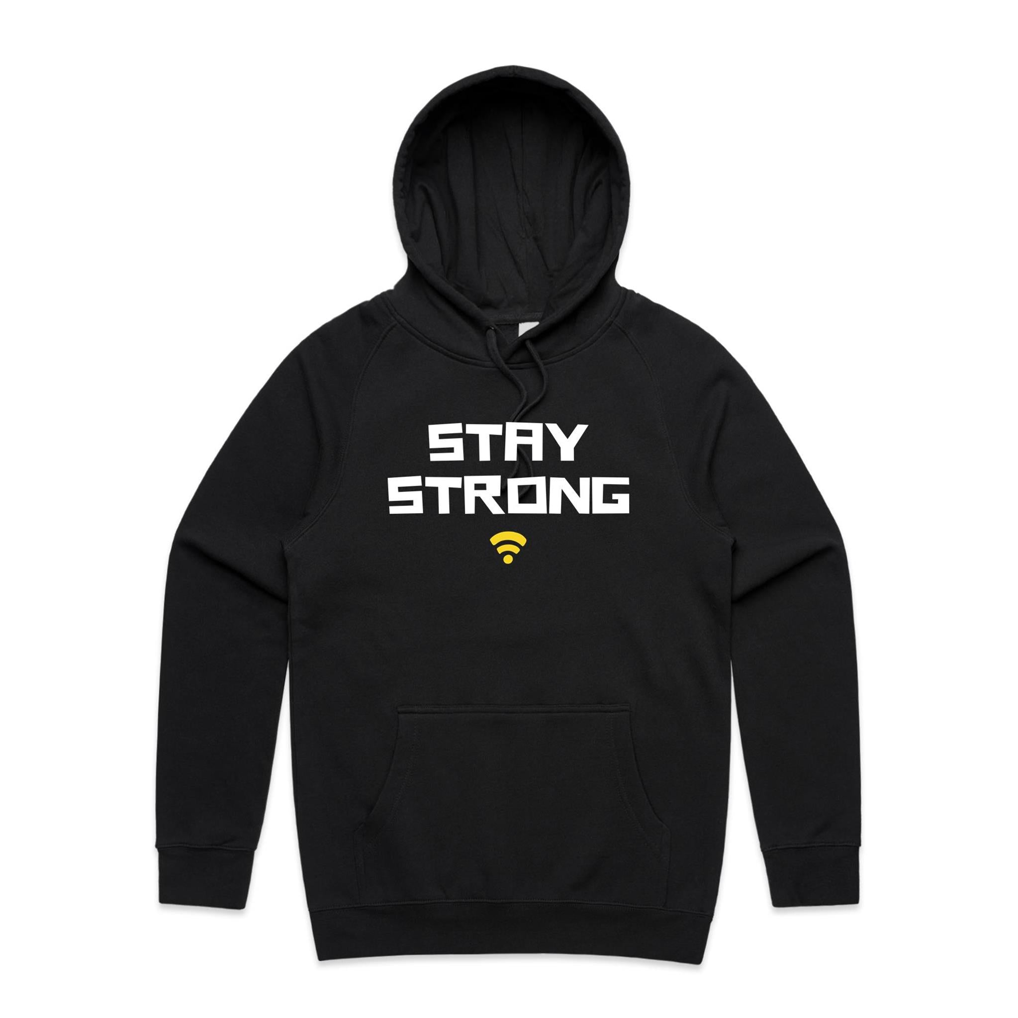Stay Strong, WIFI - Mens Hoodie Black Mens Hoodie Printed In Australia Tech