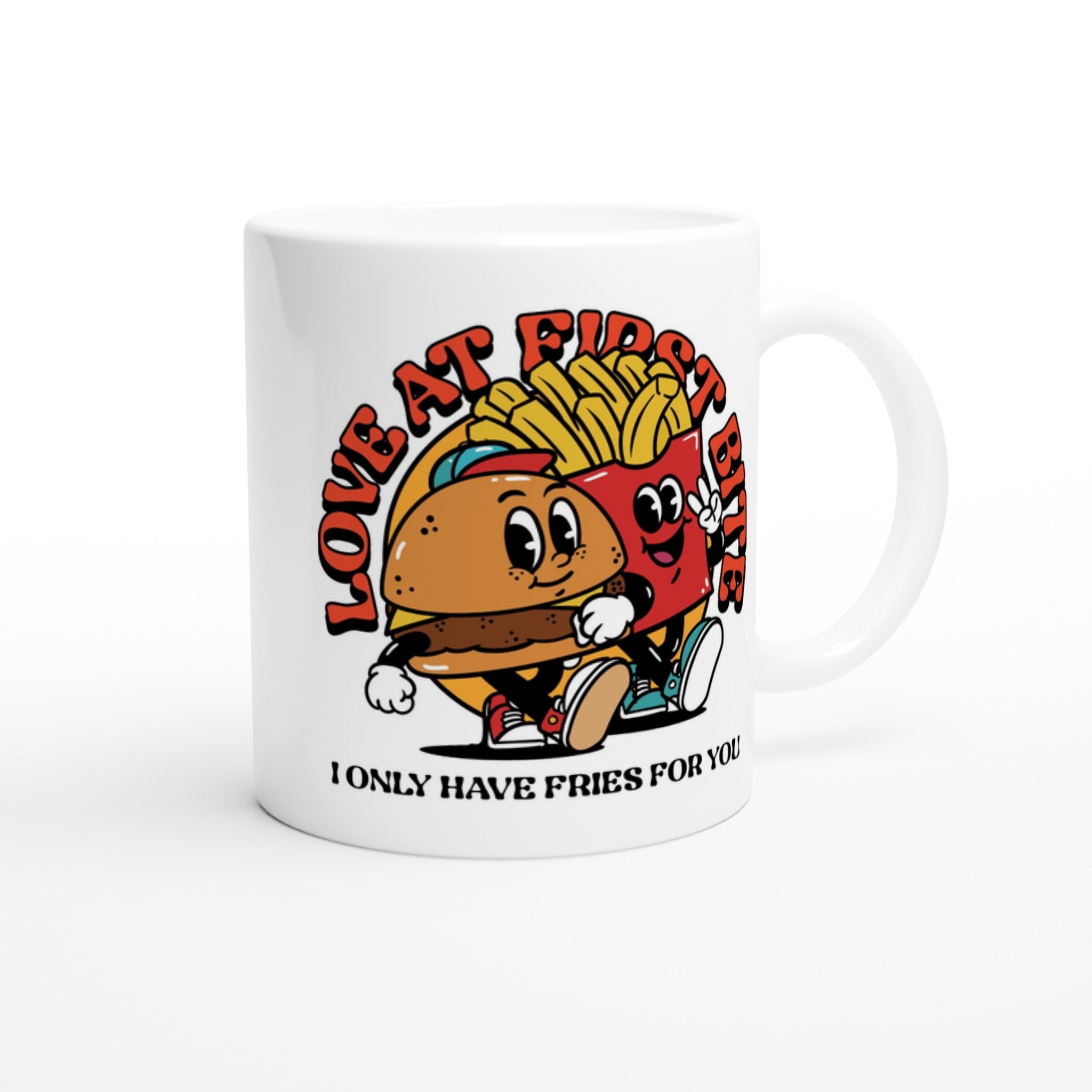 Love At First Bite, Burger And Fries - White 11oz Ceramic Mug White 11oz Mug food Globally Fulfilled