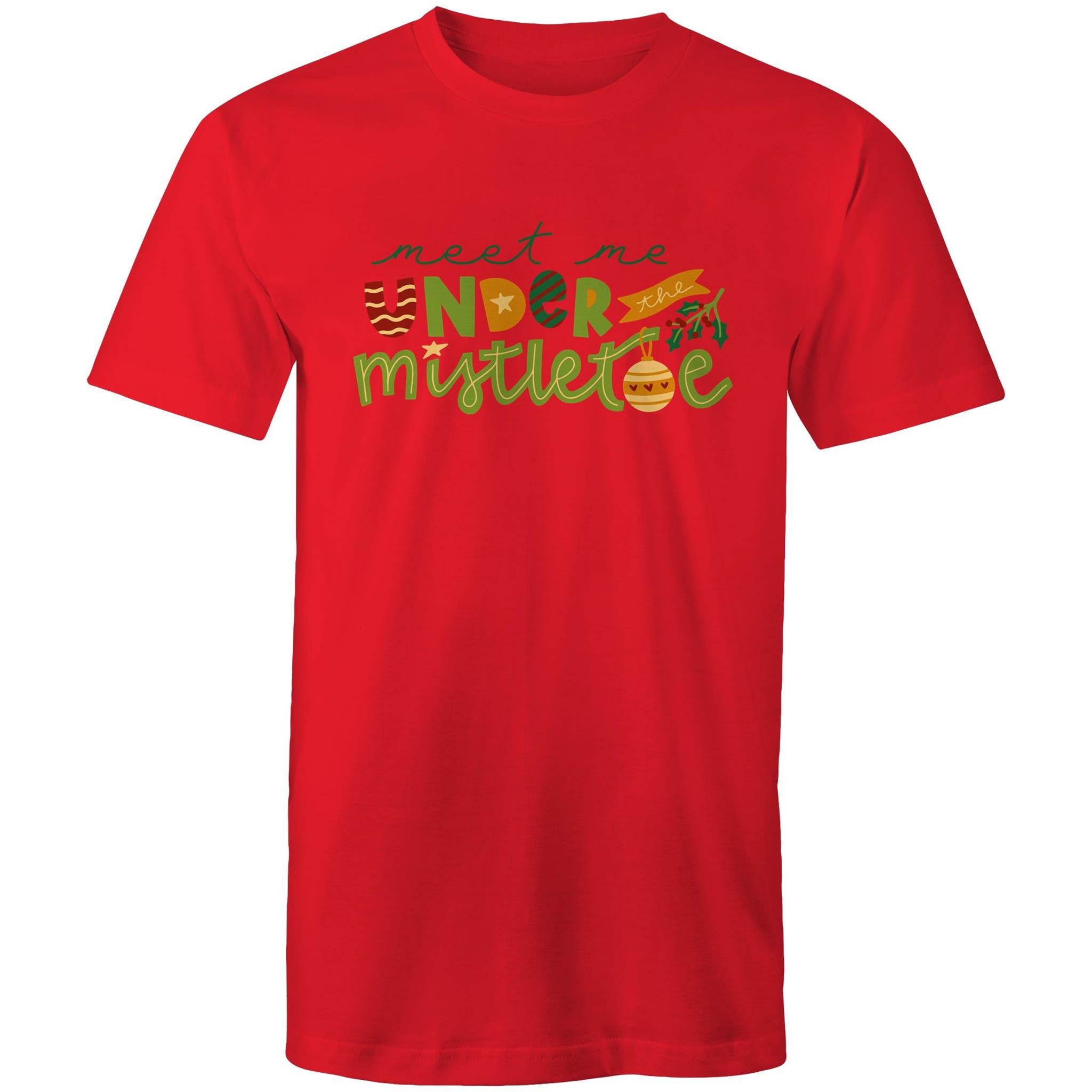 Meet Me Under The Mistletoe, Christmas - Mens T-Shirt Red Mens Christmas T-shirt Christmas Printed In Australia