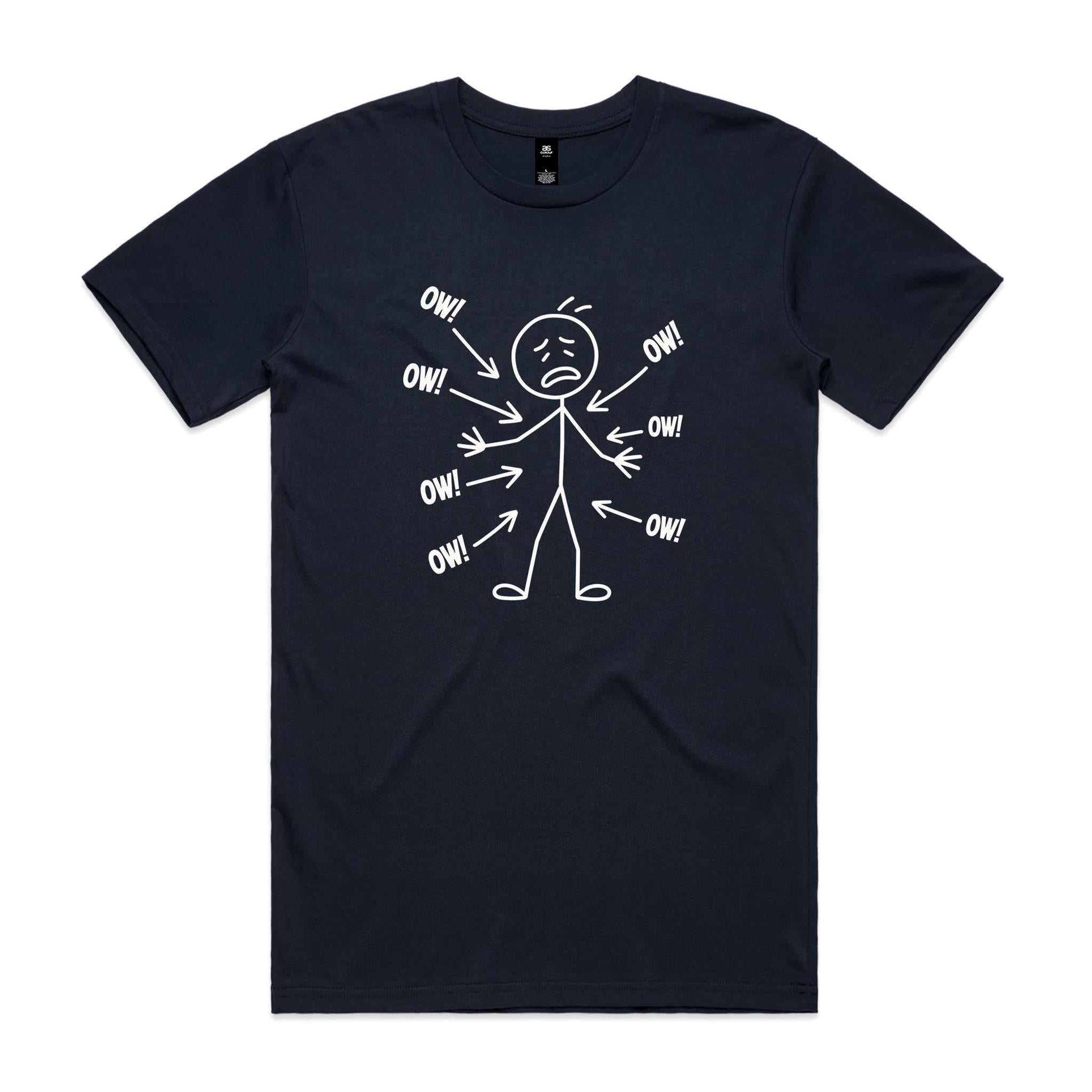 Ow! Everything Hurts Stick Figure Men's AS Colour T-shirt Navy Mens T-shirt Printed In Australia
