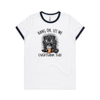 Frazzled Cat, Hang On Let Me Overthink This Women's AS Colour Ringer Tee White Navy Womens Ringer T-shirt animal Printed In Australia