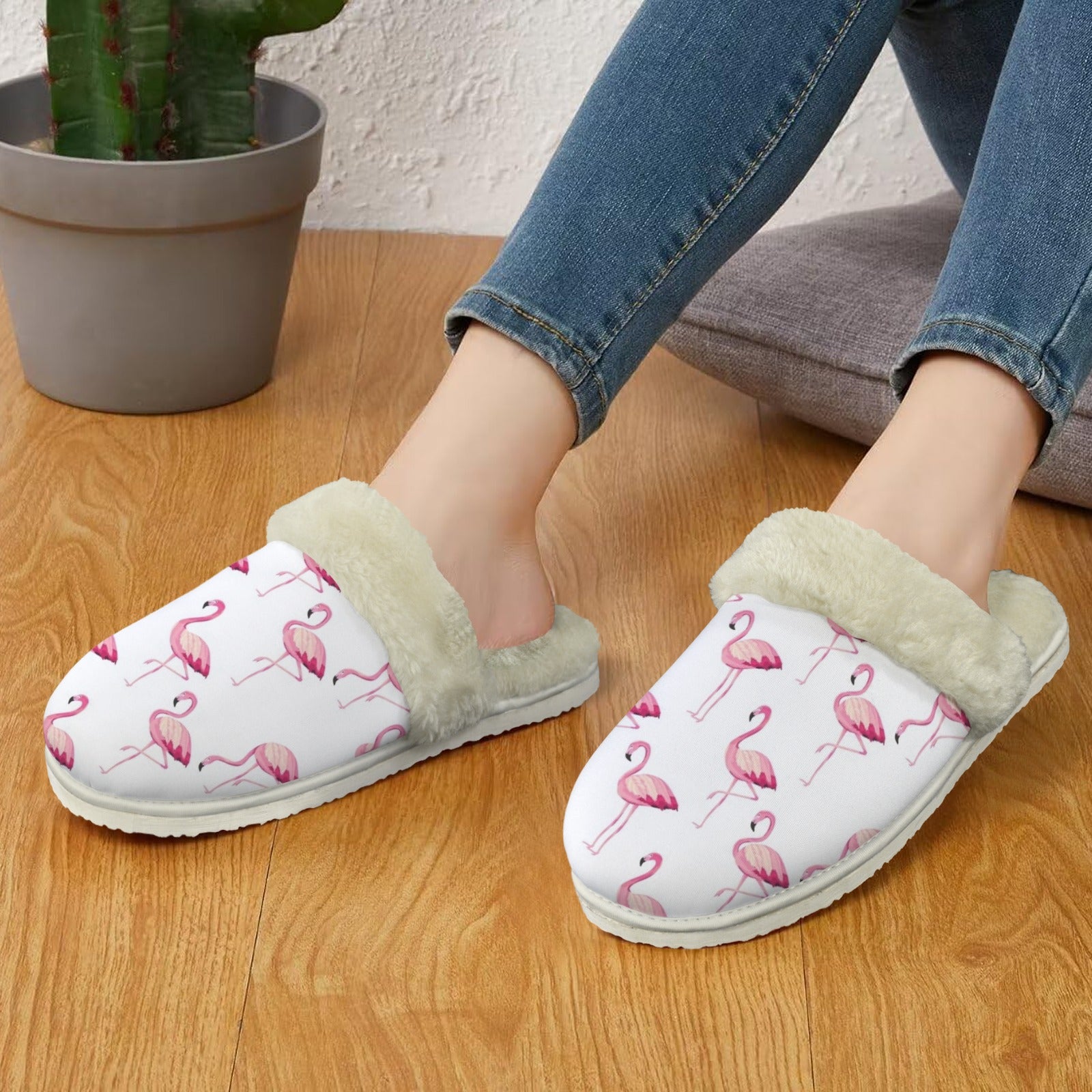Flamingos Women's Fur Trim Thick-Sole Indoor Slippers Women's Fur Trimmed Slippers animal Printed Offshore