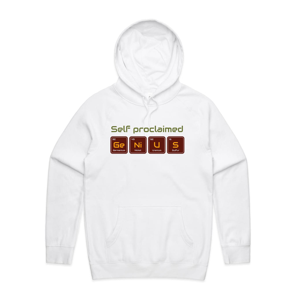 Self Proclaimed Genius - Mens Hoodie White Mens Hoodie Printed In Australia Science
