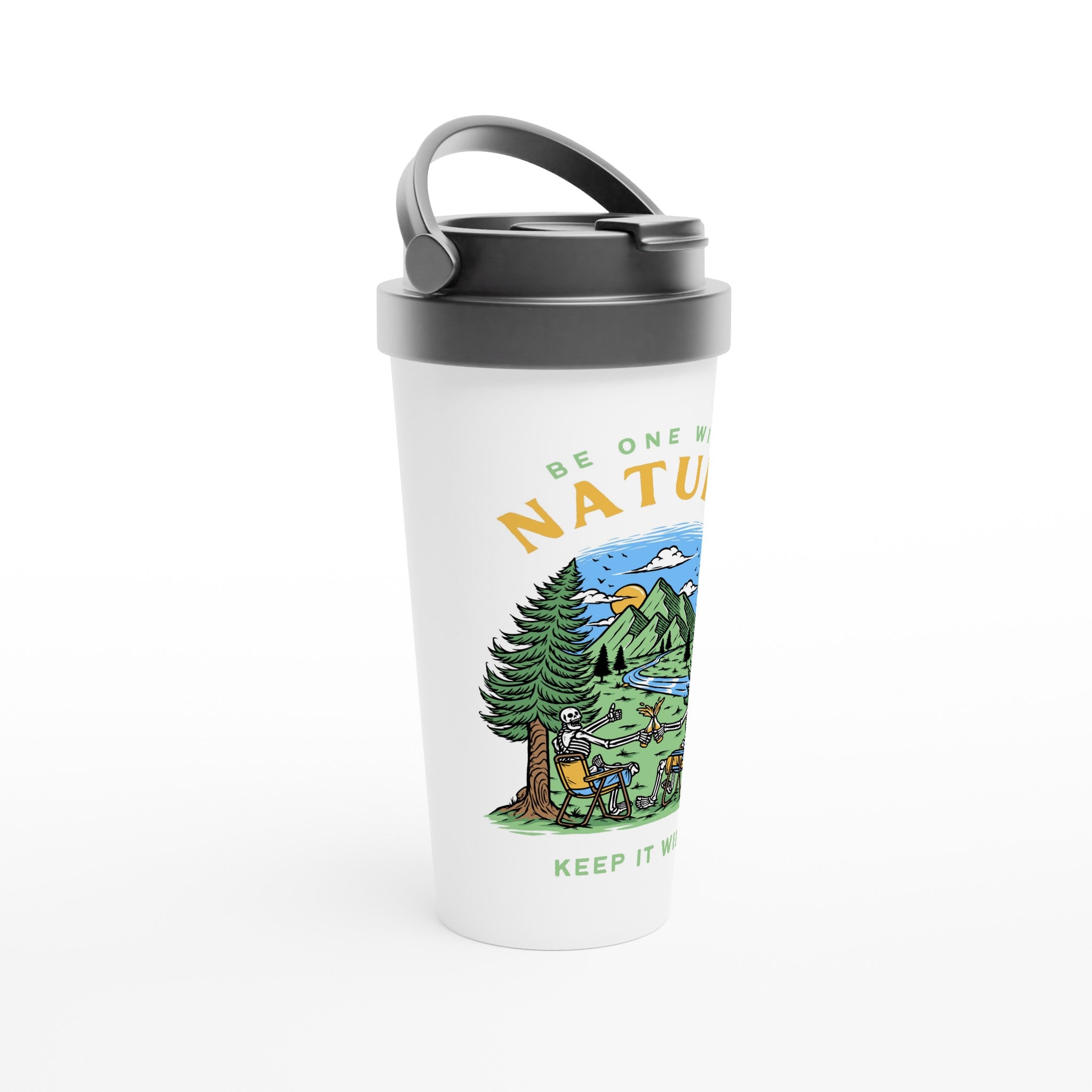 Be One With Nature, Skeleton - White 15oz Stainless Steel Travel Mug Travel Mug Globally Fulfilled Summer