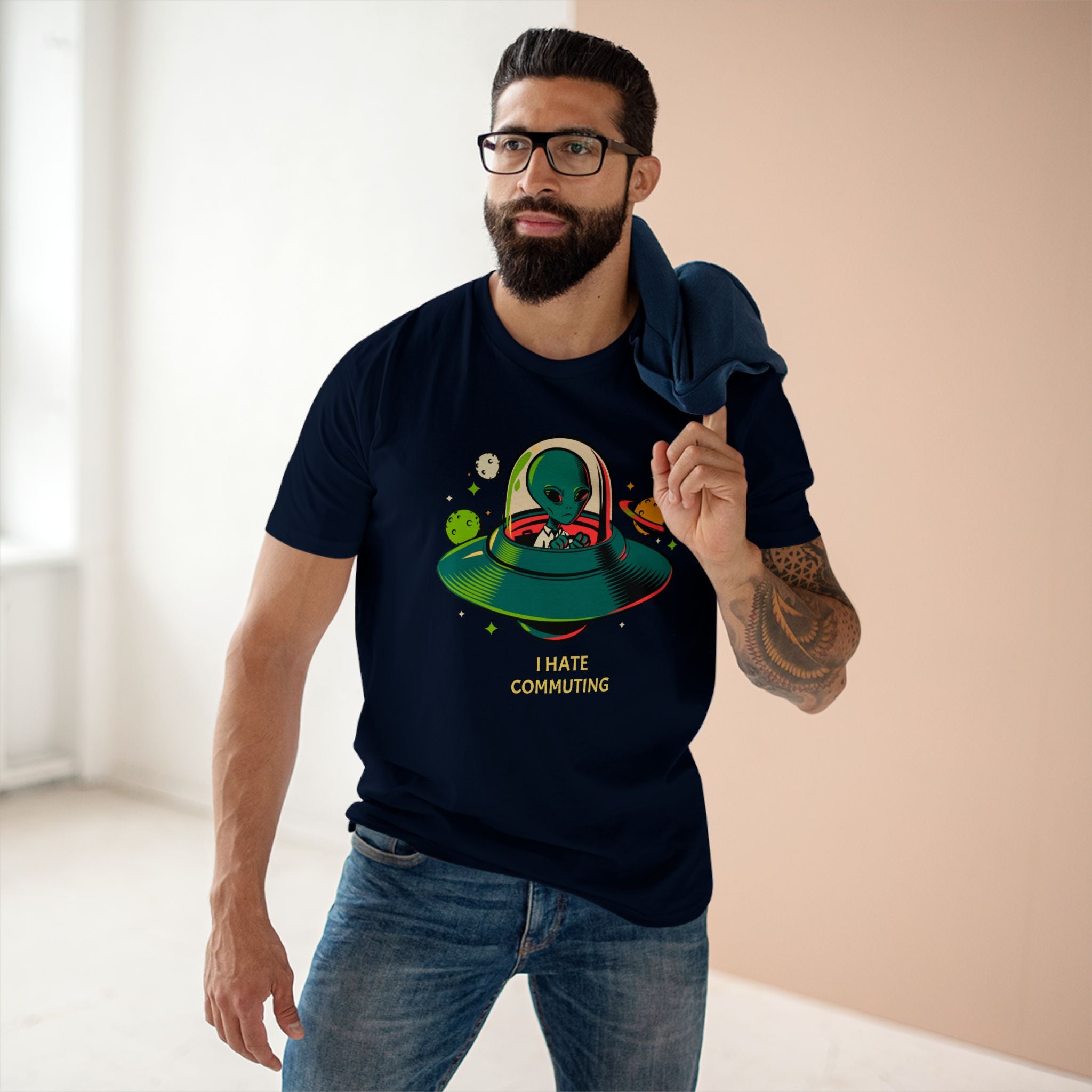 Alien Commute - Men's Staple Tee Navy Mens Premium T-Shirt Printed in AU and US Sci Fi