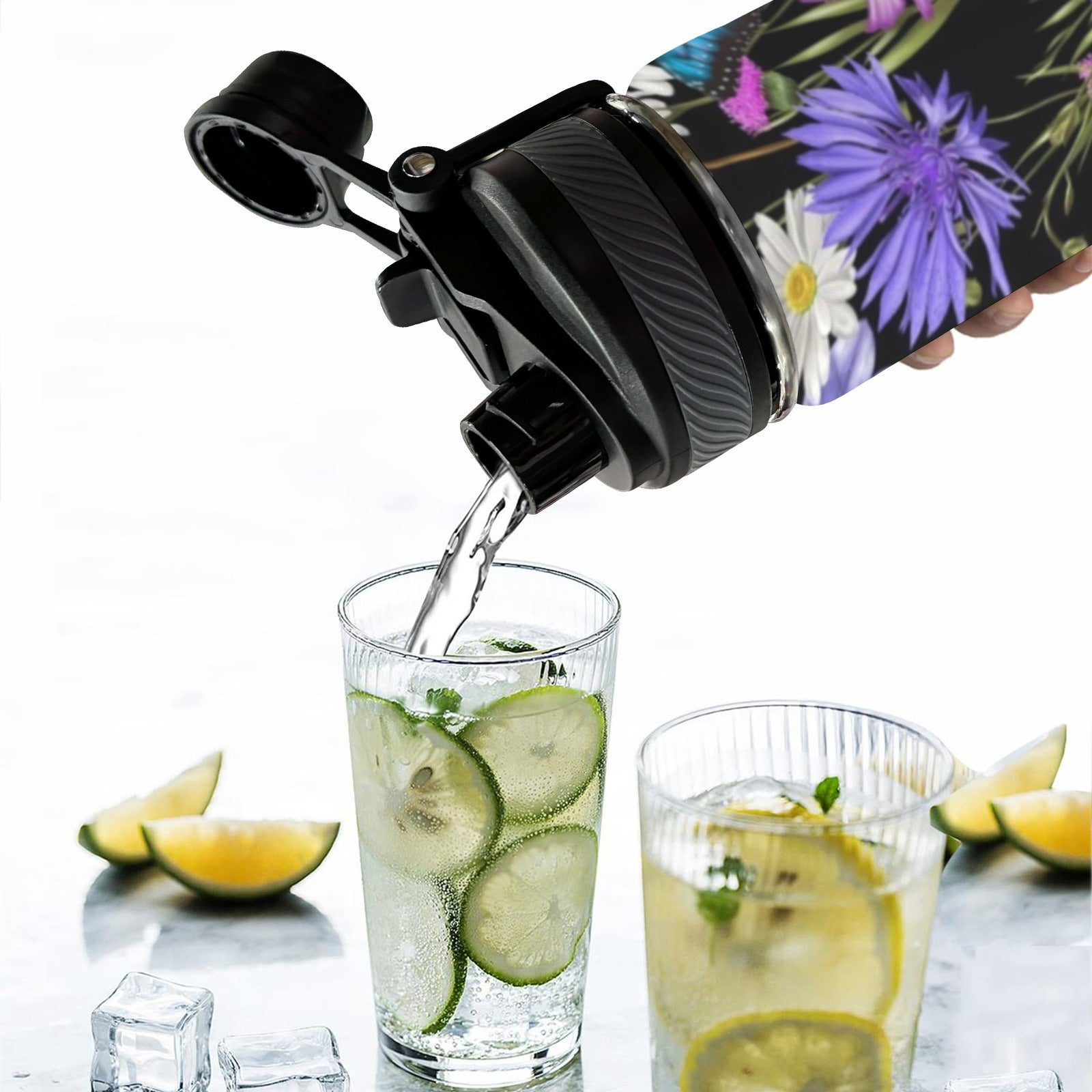 Butterfly Flowers - Insulated Water Bottle with Dual-Use Lid (18oz) Insulated Water Bottle with Dual-Use Lid (18oz) Plants Printed Offshore