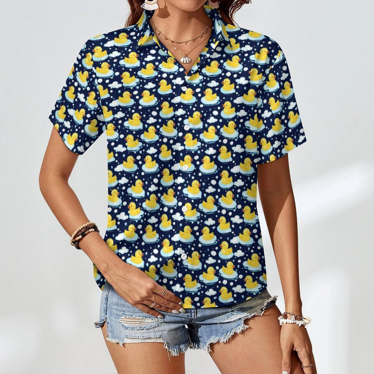Rubber Ducks On Dark Women's Collared Pocketless Short Sleeve Shirt