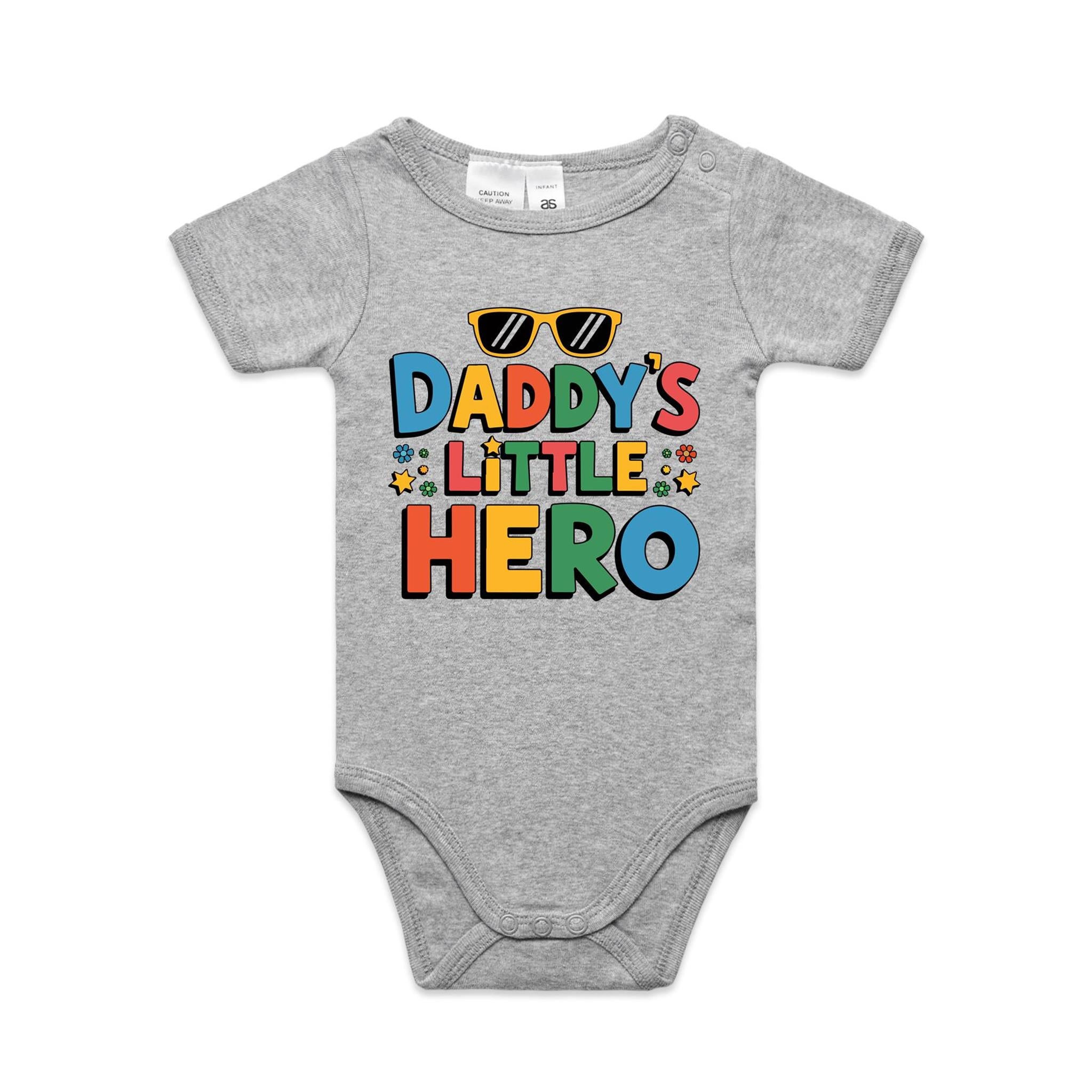 Daddy's Little Hero AS Colour Baby Bodysuit Grey Marle Baby Bodysuit Printed In Australia