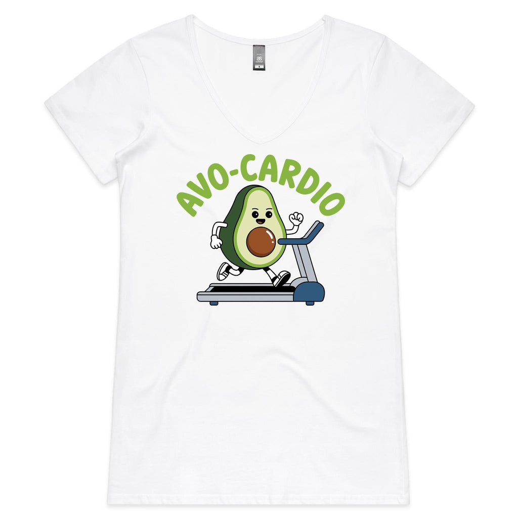 Avo-Cardio, Avocado On A Treadmill - Womens V-Neck T-Shirt White Womens Active V-Neck T-shirt Fitness Printed In Australia