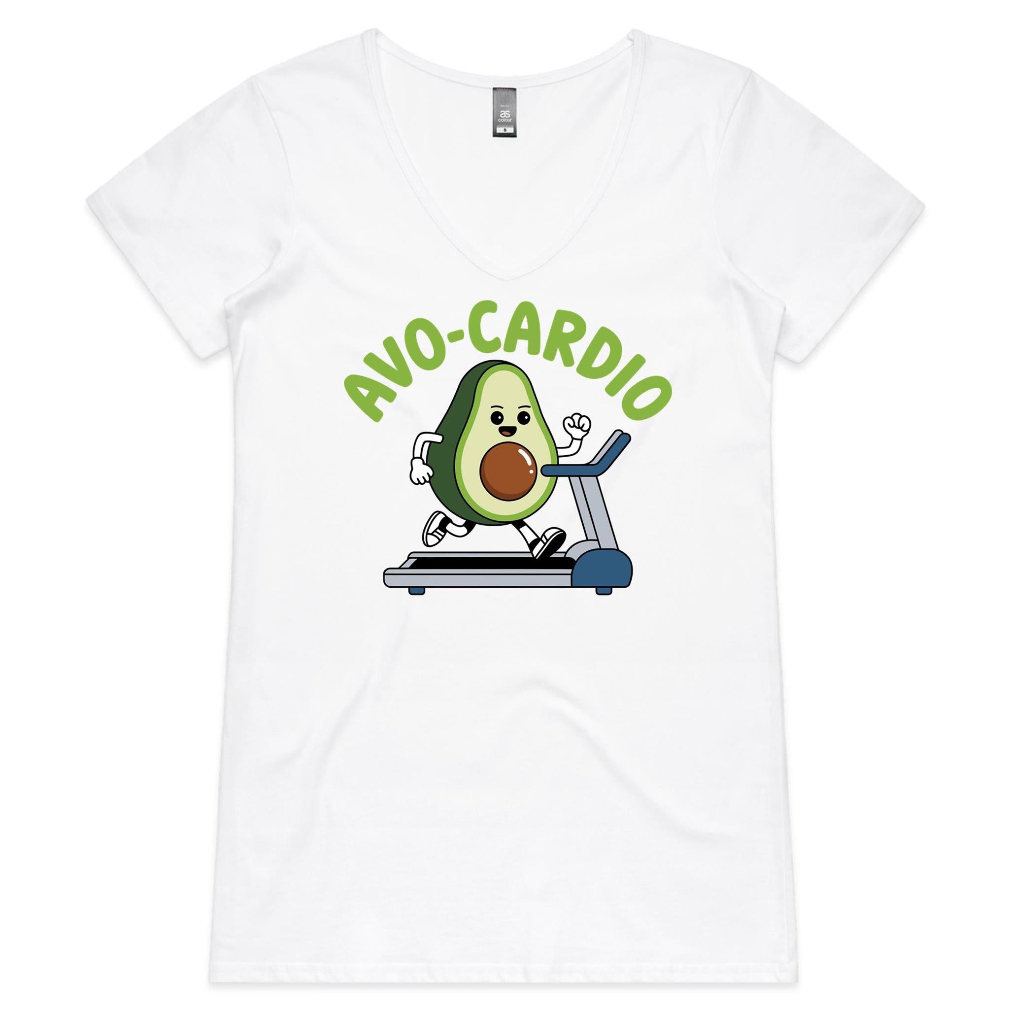 Avo-Cardio, Avocado On A Treadmill - Womens V-Neck T-Shirt White Womens Active V-Neck T-shirt Fitness Printed In Australia