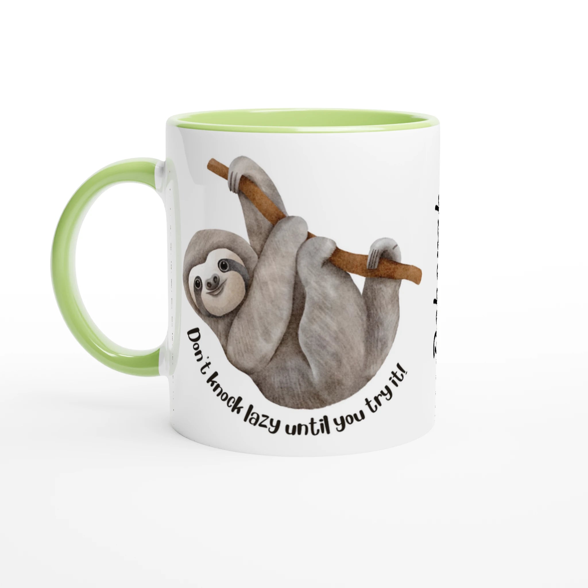 Personalise - Sloth, Don't Knock Lazy Until You Try It - White 11oz Ceramic Mug Ceramic Green Personalised Mug animal customise Funny Globally Fulfilled personalise