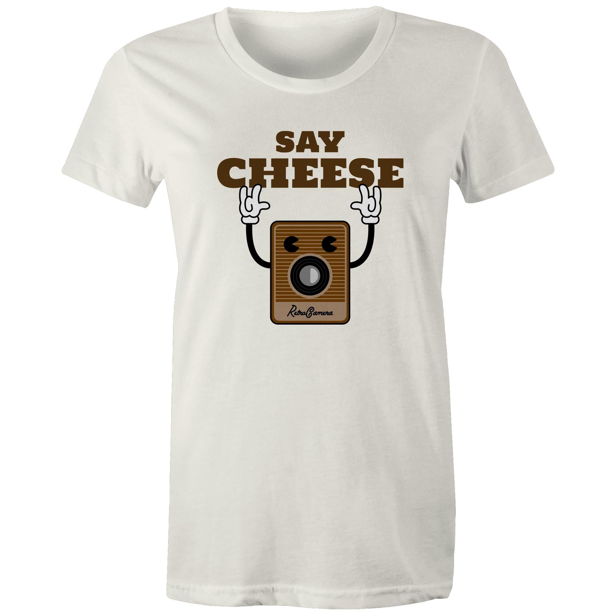 Say Cheese, Vintage Camera - Womens T-shirt Natural Womens T-shirt Printed In Australia Retro