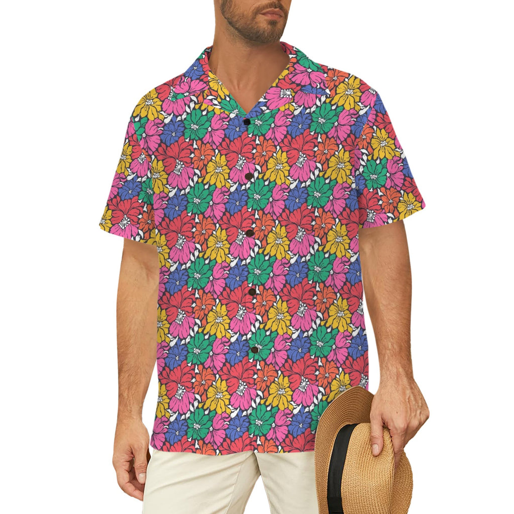 Bright And Bold Flowers Men's Short Sleeve Hawaiian Shirt Men's Hawaiian Shirt (New) Plants Printed Offshore