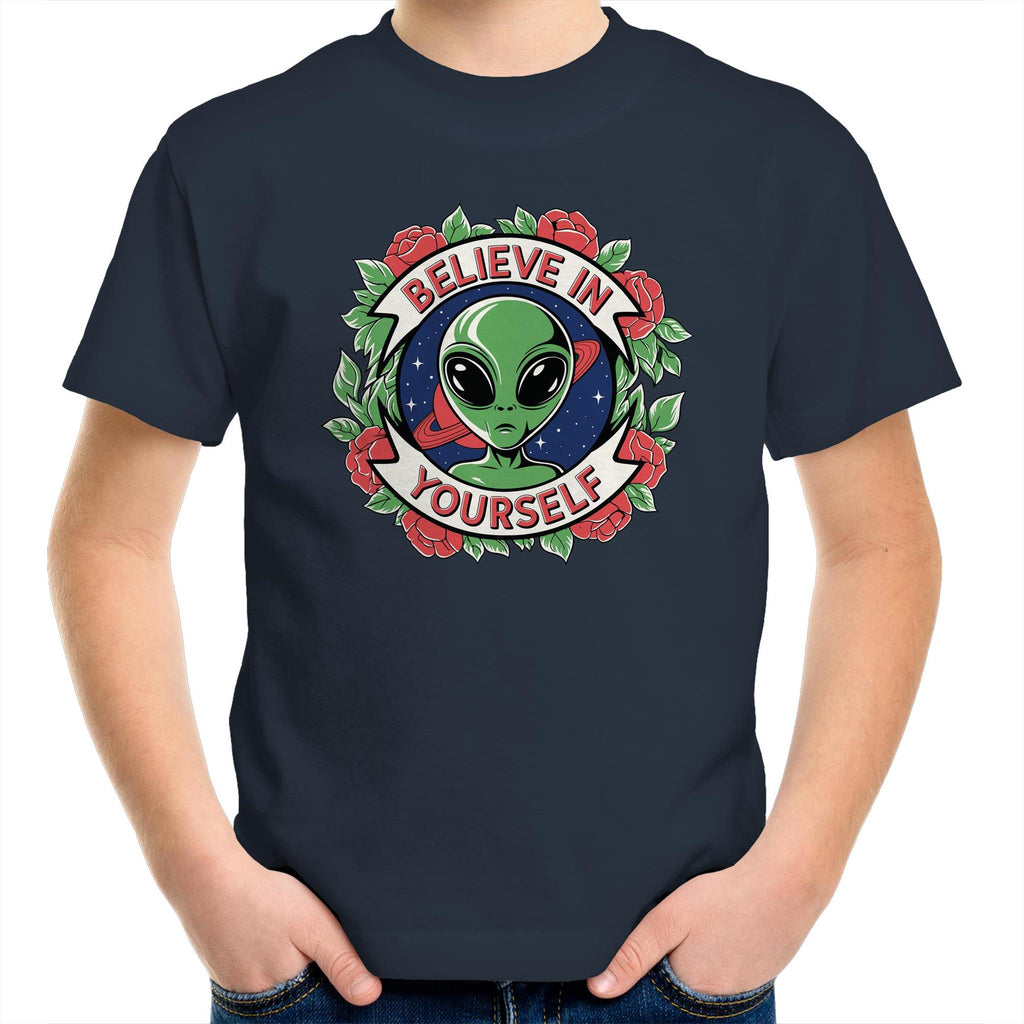 Believe In Yourself, Alien - Kids Youth T-shirt Navy Kids Youth T-shirt Motivation Positivity Printed In Australia Sci Fi