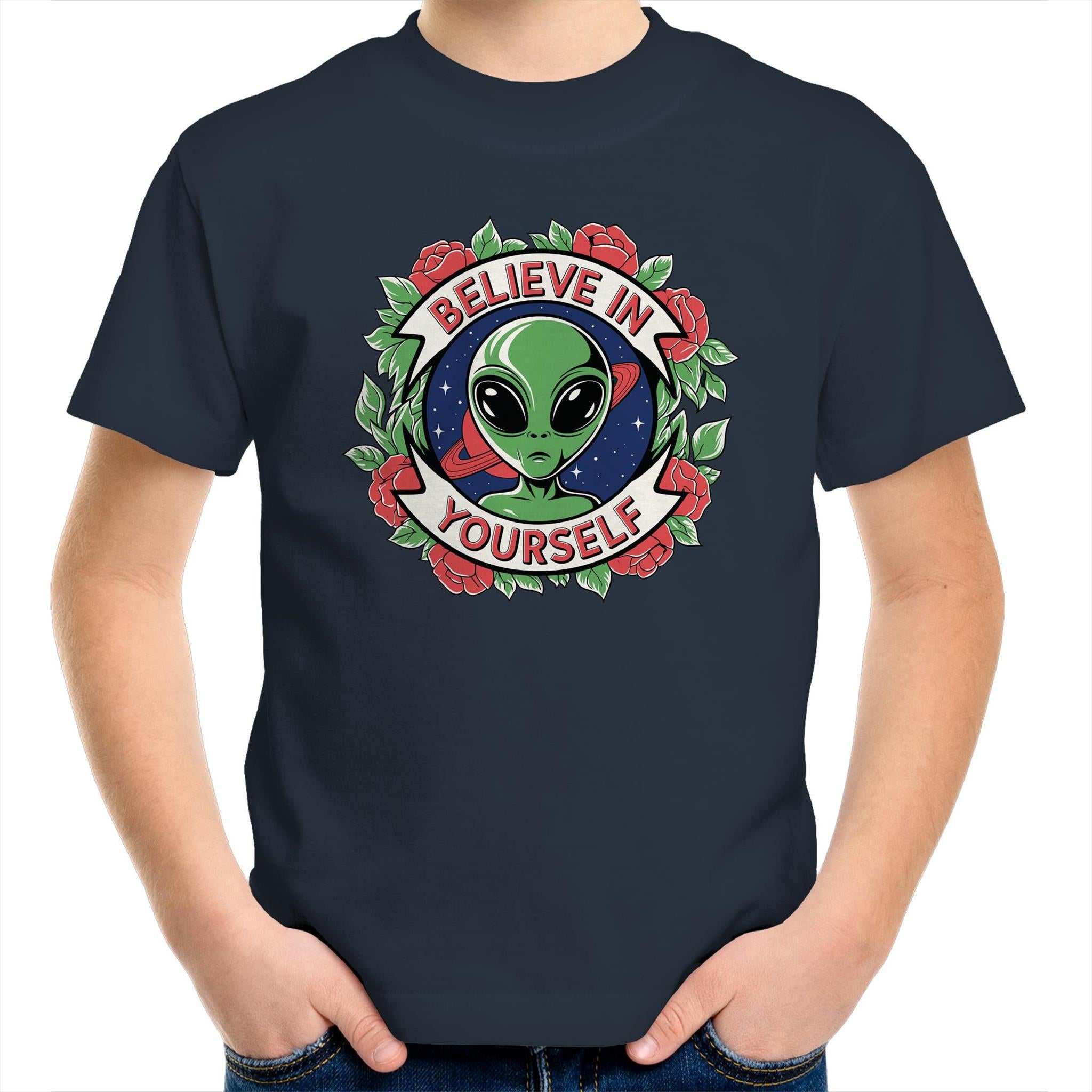Believe In Yourself, Alien - Kids Youth T-shirt Navy Kids Youth T-shirt Motivation Positivity Printed In Australia Sci Fi