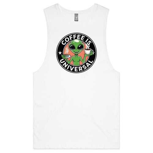 Alien, Coffee Is Universal Mens Men's AS Colour Drop Arm Tank Top White Drop Arm Tank Top Coffee Printed In Australia Sci Fi