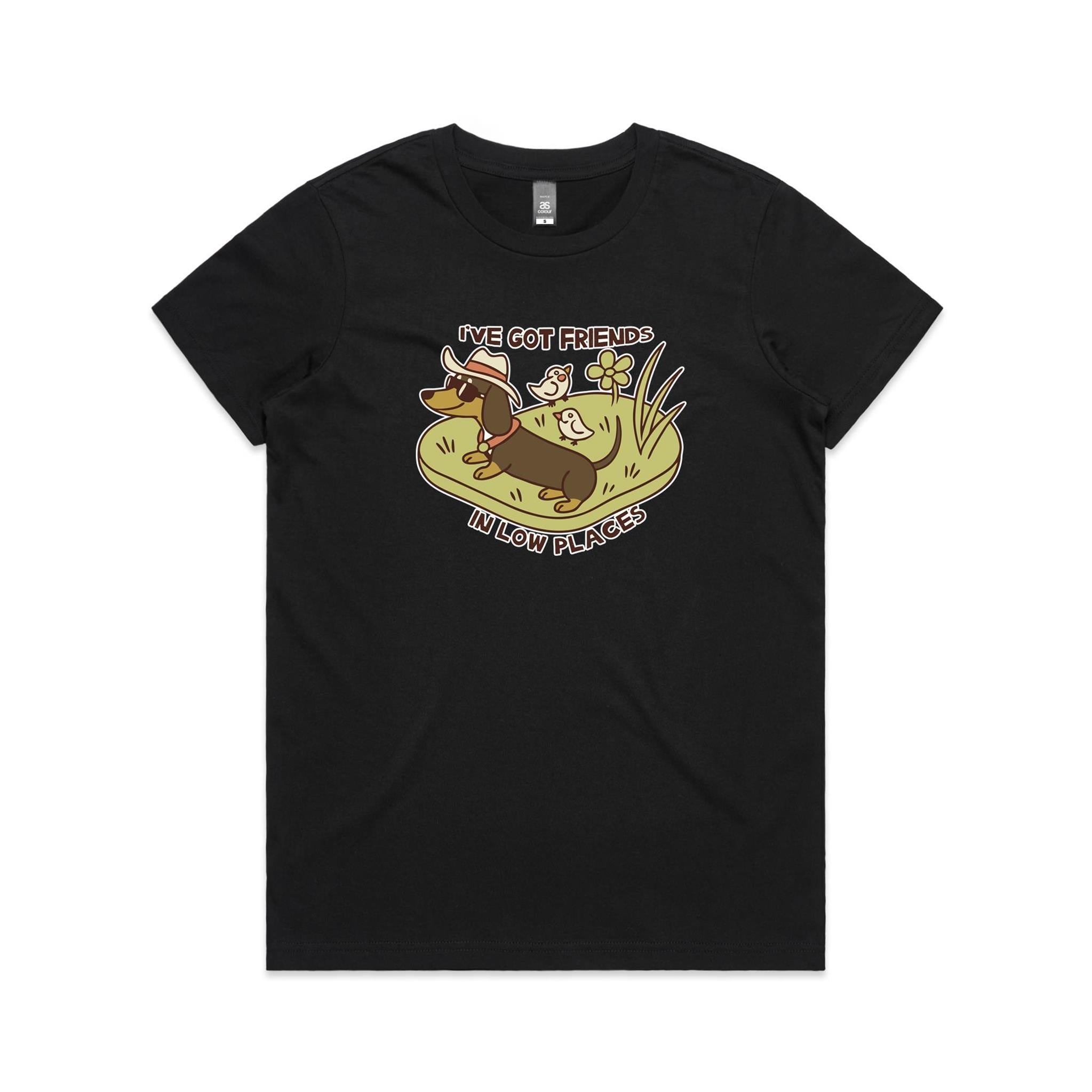 Dachshund, I've Got Friends In Low Places Women's AS Colour T-shirt Black Womens T-shirt animal Printed In Australia