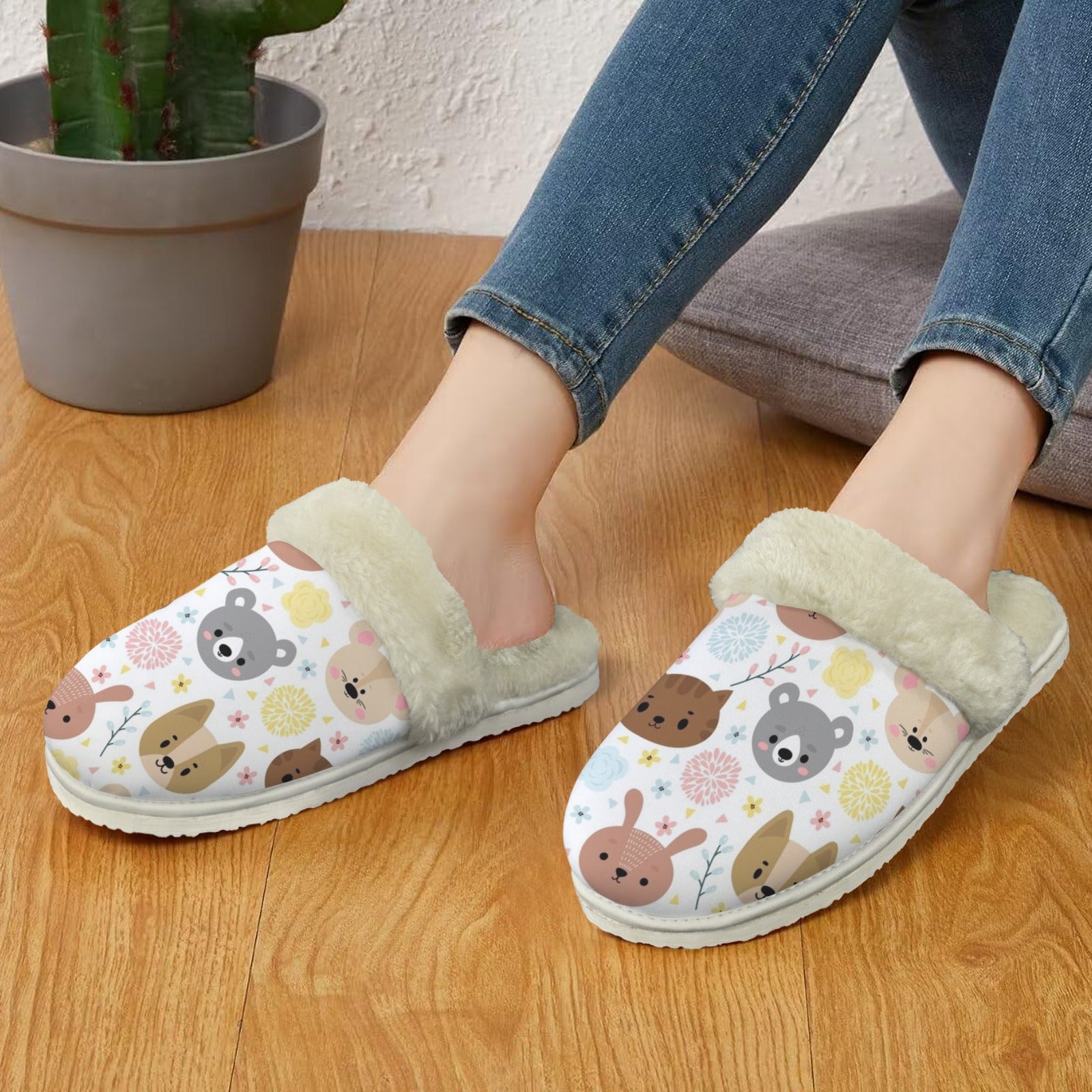 Baby Animals Women's Fur Trim Thick-Sole Indoor Slippers Women's Fur Trimmed Slippers animal Printed Offshore